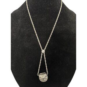 Hour Glass Quartz Watch Inside Silver Tone Rhinestone Purse Necklace Vtg READ